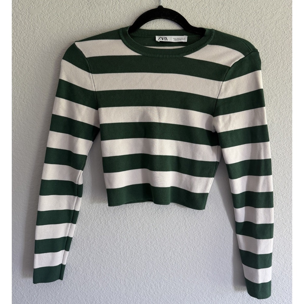 Zara  Women's Sz SMALL S Cropped 15.5" Sweater Pullover Green Cream Stripe 2951